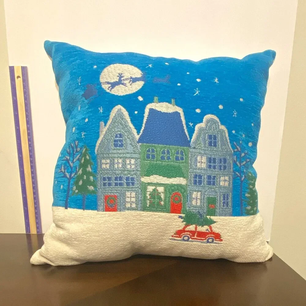 Target Wondershop Christmas Village Jacquard Chenille Sq Throw Pillow Blue Red